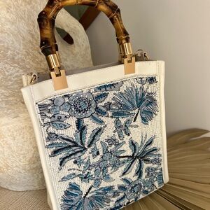 Viral Blue & White Tropical Embroidered Beaded Bag, NWT Made In India